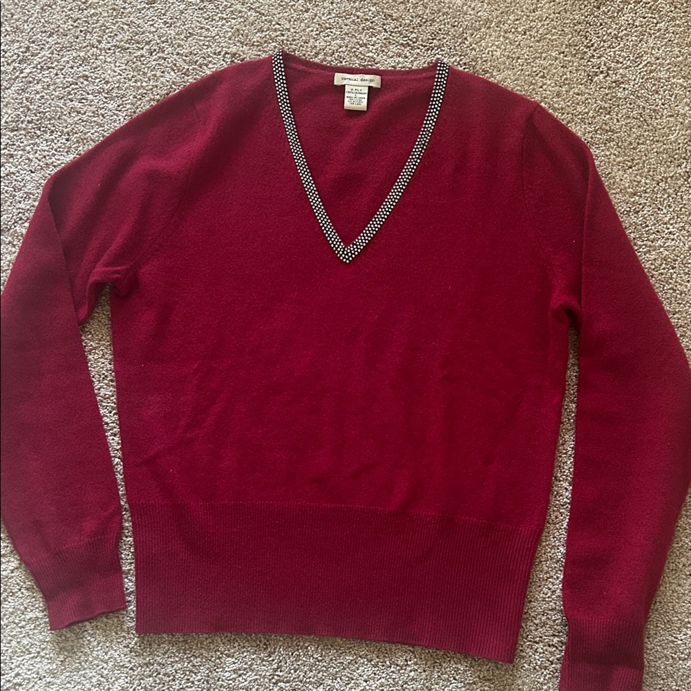 Vertical Design Red Cashmere Sweater with Silver Trim